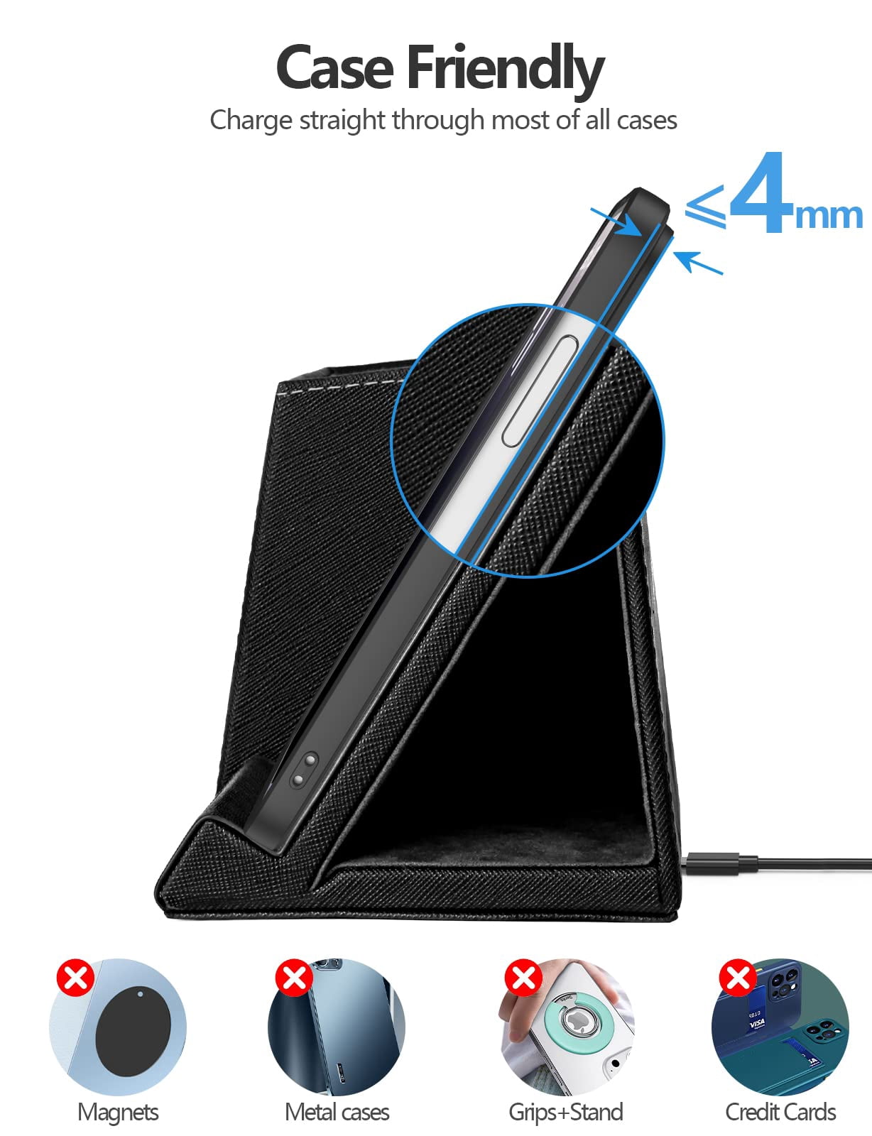 Extrelife Desk Organizer with Wireless Charging for iPhone, PU Leather with Pencil Holder for Desk & Nightstand, Black
