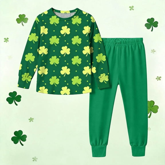 Girls Boys St. Patrick's Day Outfits 2PC Comfy Casual Print Long Sleeve Pullover Tops with Pants Sets Green 9-10 Years