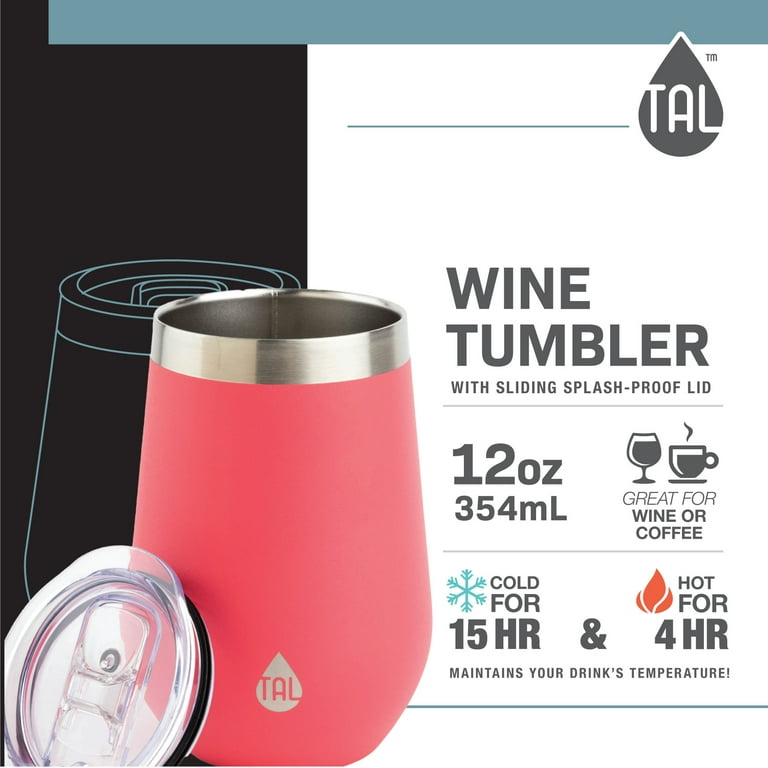 TAL Stainless Steel Wine Tumbler 12oz, Bright Pink