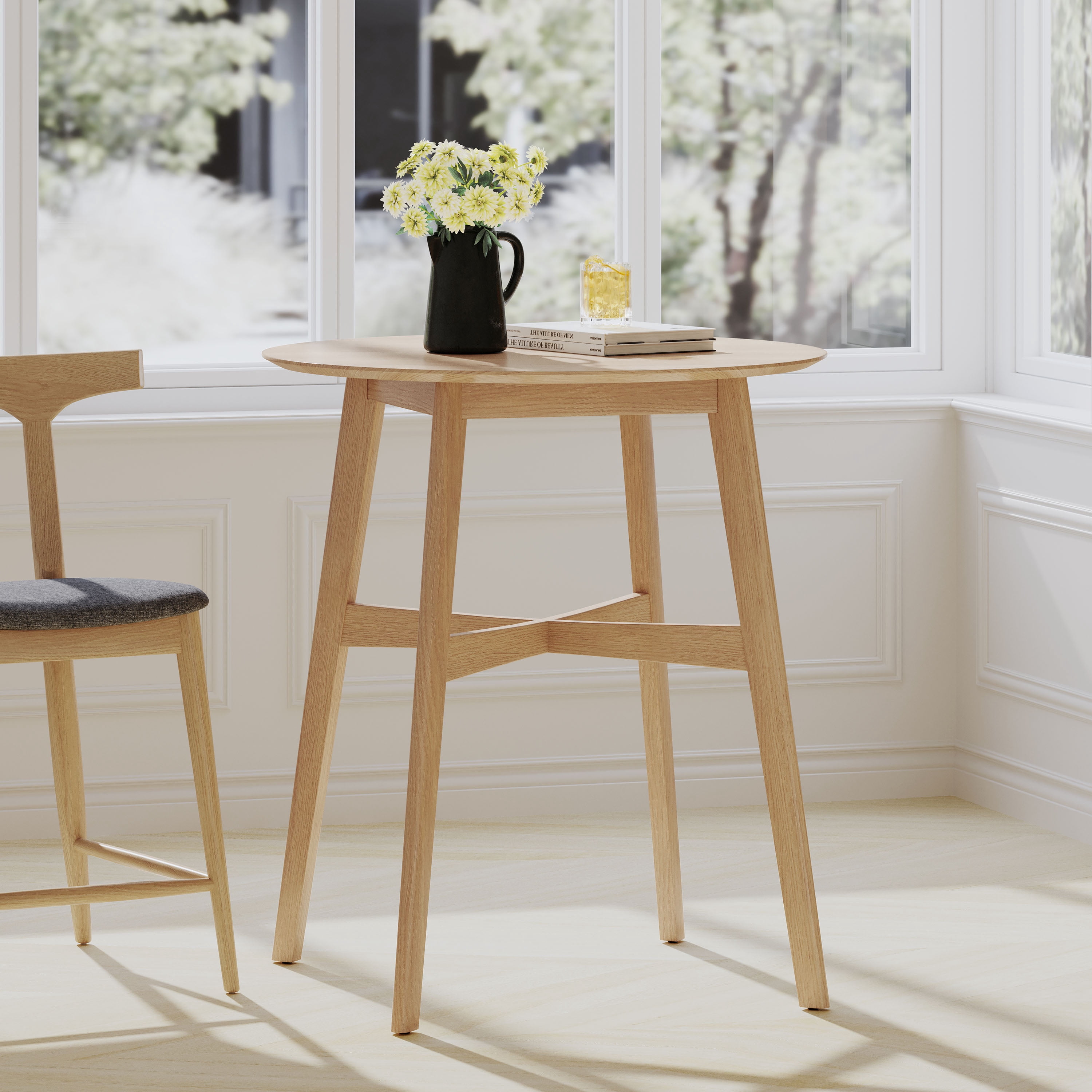 Round Counter Height Dining Table 35.4 Inch, Natural Oak Finish Bar Table for Kitchen Dining Room