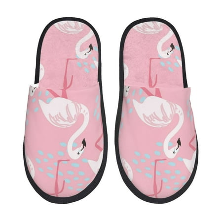 Balery Pink Flamingo Slient Indoor Furry Fleece Comfort House Shoes Soft Non-Slip Home Shoes Cotton slippers House Slippers-- Large