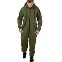Mens Rompers for Adults Men's Autumn Winter Warm Splicing Casual Hooded Zipper Solid Pocketed Jumpsuits Adult Onesies for Men Green L