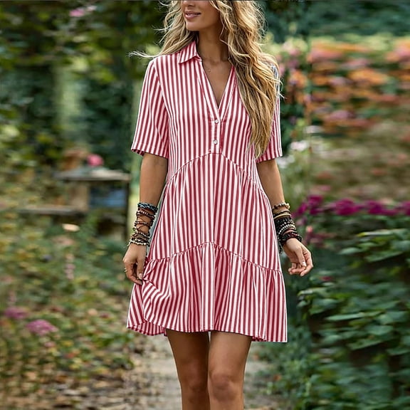 Guieoi Summer Dresses for Women Plus Size Casual Striped Cotton-Linen Collared Short-Sleeve Button-Down Midi Dress Red XL