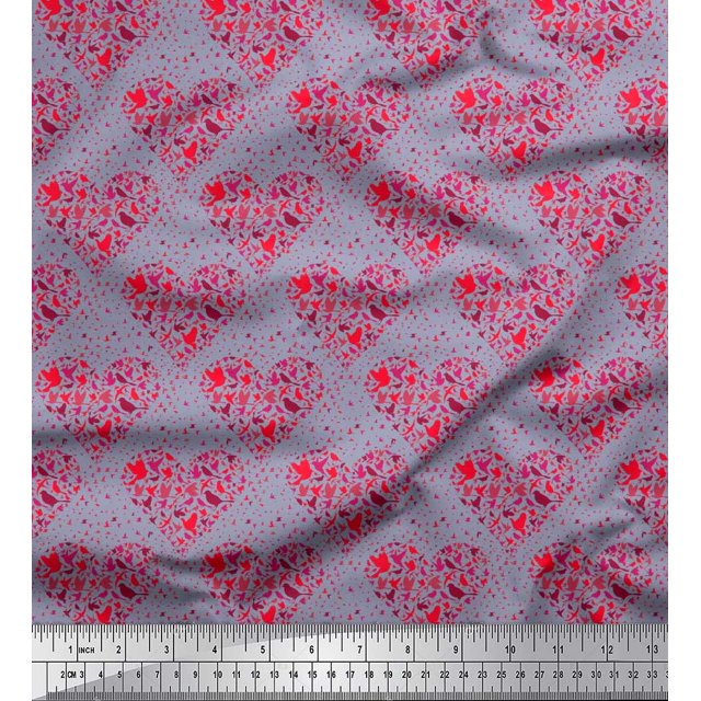 Soimoi Satin Silk Fabric Bird & Heart Printed Fabric 1 Yard 42 Inch Wide
