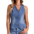 thumbnail image 1 of Chaleco de mezclilla sin mangas para mujer INSPIRE CHIC, con cuello en V y botones, chaqueta casual de mezclilla, azul claro, talla S, 1 of 6