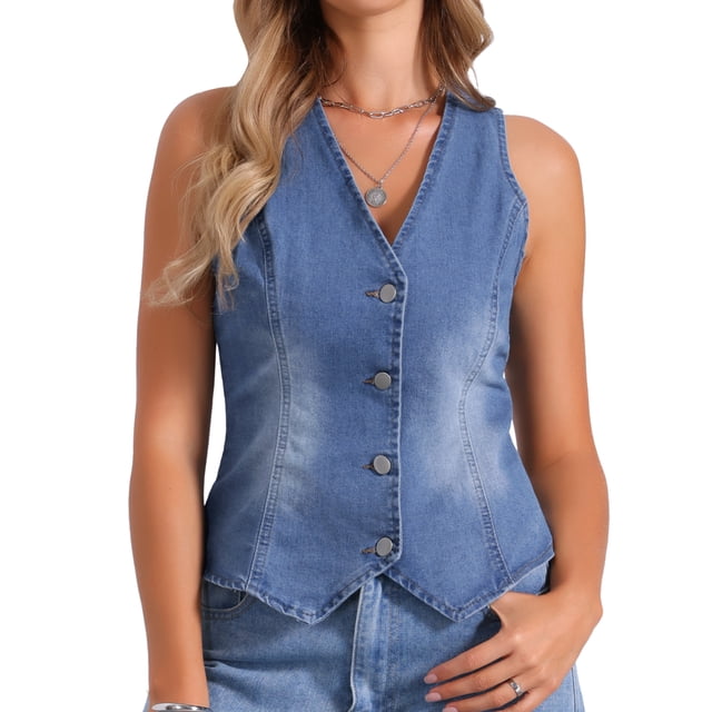 Chaleco de mezclilla sin mangas para mujer INSPIRE CHIC, con cuello en V y botones, chaqueta casual de mezclilla, azul claro, talla S