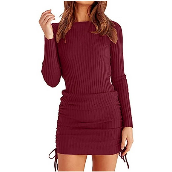 Womens Rib Knit Pullover Sweater Dress Long Sleeve Crewneck Solid Color Mini Bodycon Dress with Drawstring