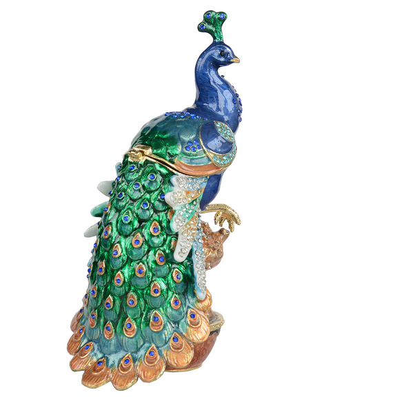 Decorative Peacock on Branch Trinket Box Hand Painted Enameled Bejeweled Crystals Metal Craft Novelty Gift