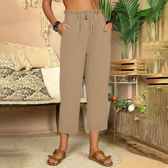 cllios Clearance Under $5 Plus Size Linen Capris Pants for Women Summer High Waist Pant Loose Fit Flowy Drawstring Casual Trousers Lightweight Palazzo Pants