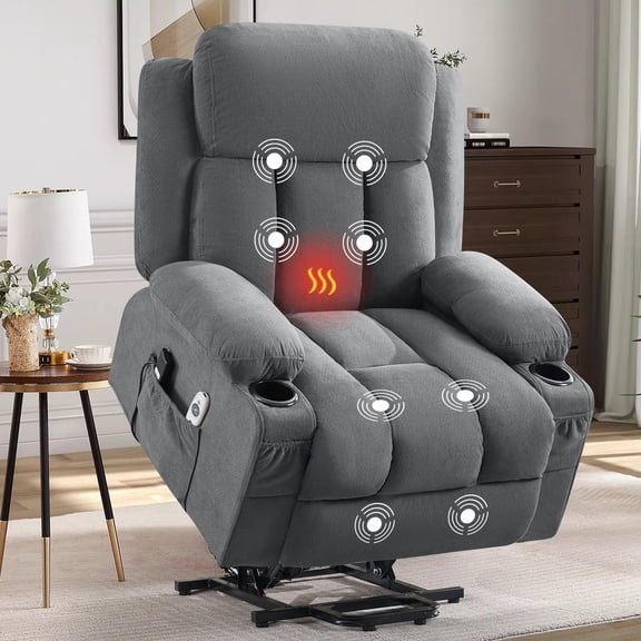 JULY'S SONG Power Lift Recliner Chair with Heat and Massage, Electric Recliner Chairs for Elderly, Remote Control for Living Room with Side Pocket, USB Charge Port, Grey