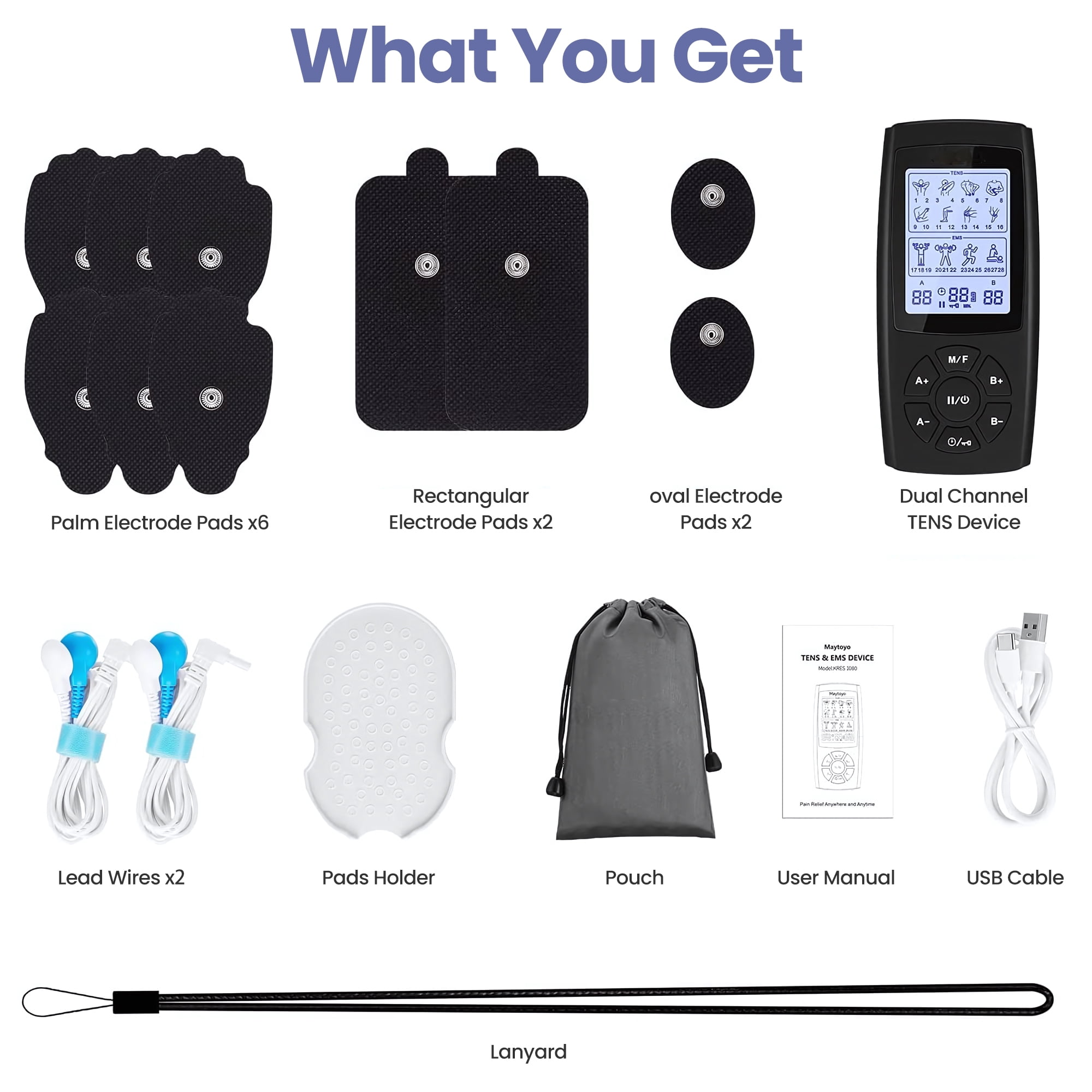 Ouwald TENS Unit Rechargeable Muscle Stimulator EMS Dual Channel with 10 Unit Replacement Electrode Pads, 28 Modes Electronic Pulse Massager for Back Neck, Black