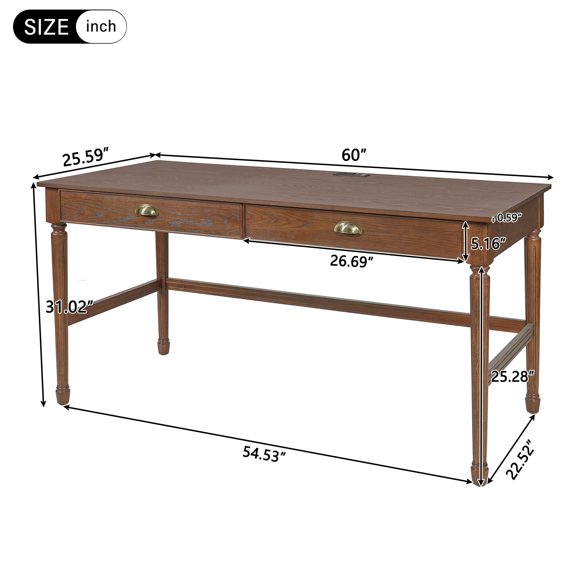 Euroco 60" Solid Wood Writing Desk with 2 Drawers,Home Office Workbench Desk,Small Computer Work Study Table,Vanity Table for Living Room,Bedroom,Walnut