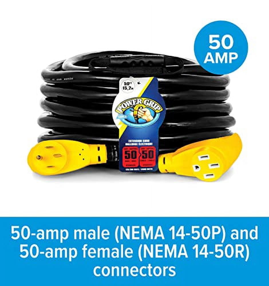 Camco Power Grip 50-Amp 50-Foot Camper/RV Extension Cord | Features Copper 6/3 + 8/1-Gauge Wires & Rated for 125/250 Volts/12,500 Watts (55199)