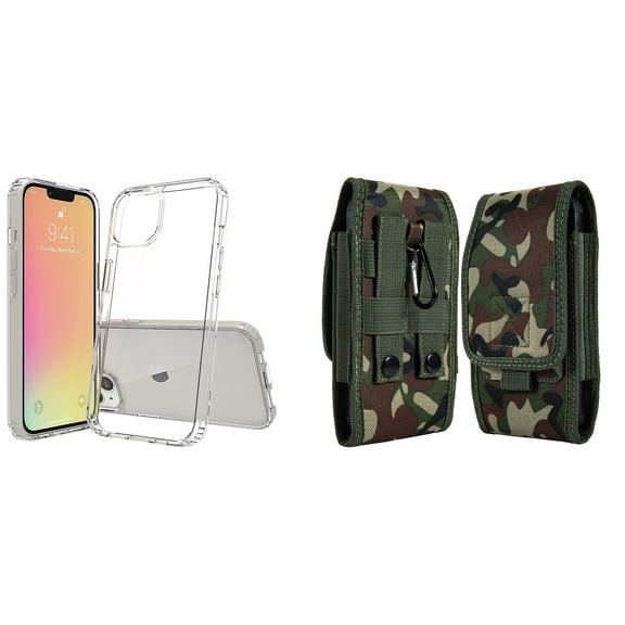 Bemz Case and Pouch Bundle for iPhone 14 Pro: Fusion Protector Slim Case (Transparent Clear) and Vertical Rugged Nylon Belt Holster (Green Camo)