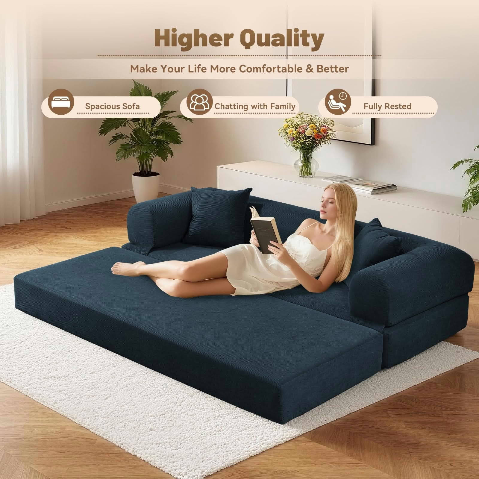 MAYEERTY 80" Navy Blue Corduroy Convertible Sofa Bed, 600lbs Queen Size Fold Out Sleeper Couch with Storage & No Assembly for Living Room