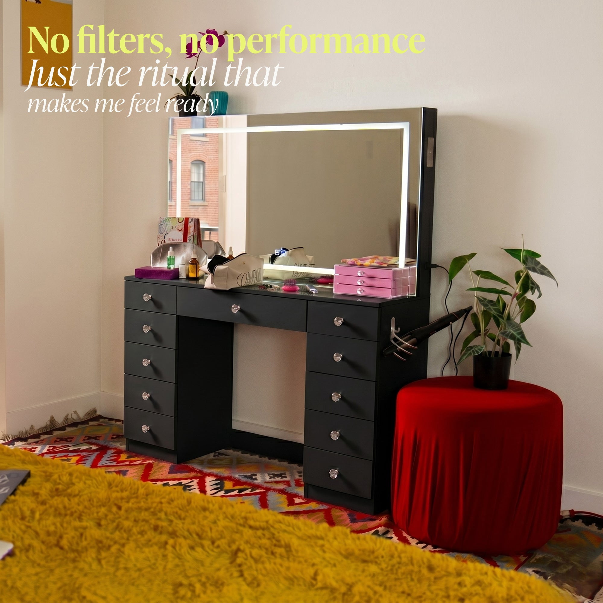 Boahaus Amelia Vanity Desk with Mirror and Lights – 11 Drawer Makeup Vanity Table with Storage, Power Outlet and Speakers