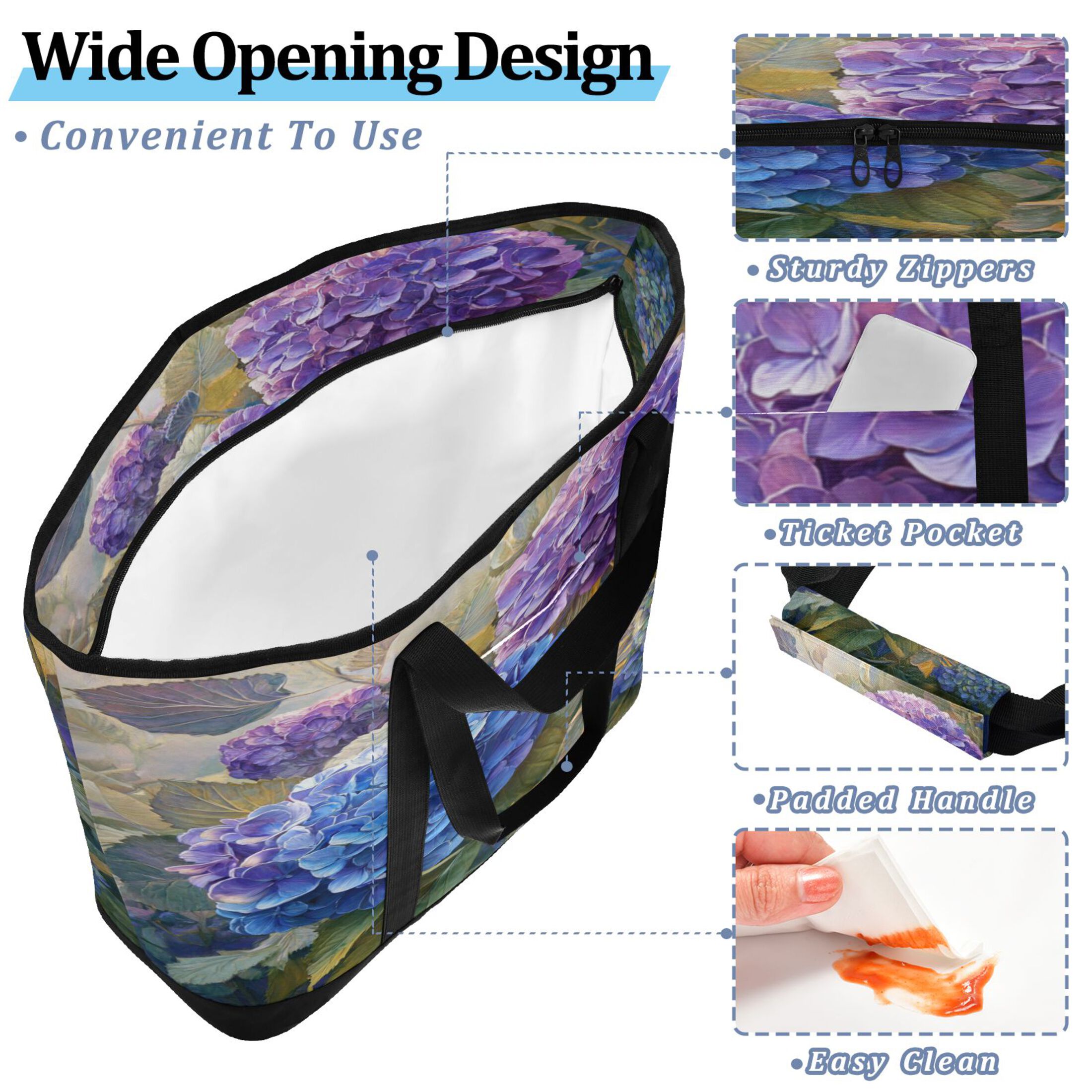 Extra-Large Wide Opening Design Capacity Hand-Held Ice Pack Thickened Insulation Layer For Long-Lasting Cold Retention For Outdoor Shopping Picnics And Camping Beautiful Painting Of Hydrangeas