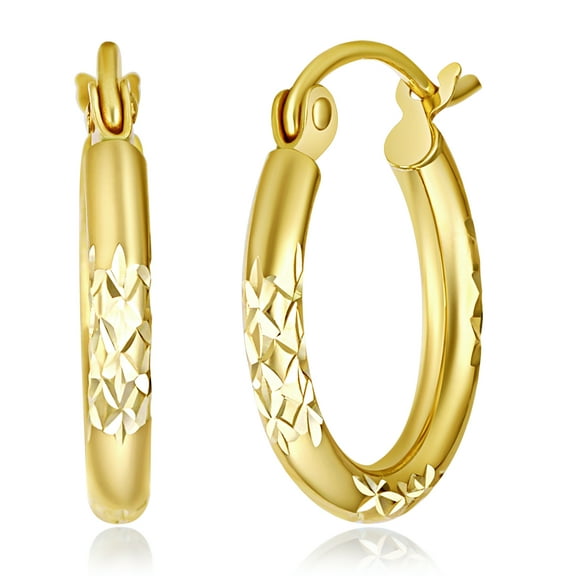 Wellingsale Ladies 14k Yellow Gold Polished Satin 2mm Diamond Cut Hoop Earrings (15mm Diameter)
