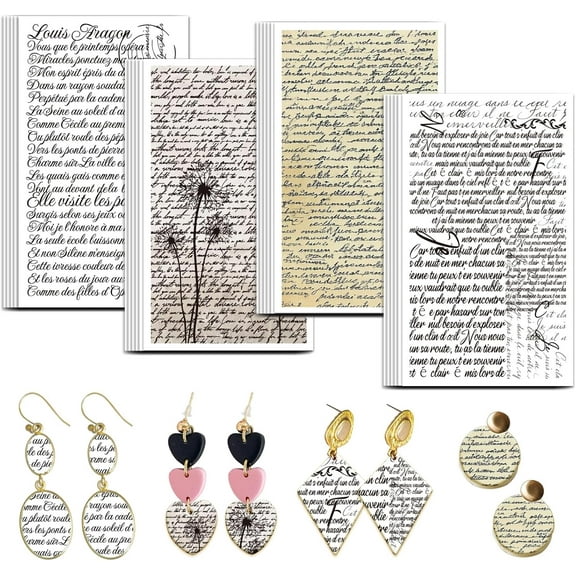 Handwritten French Clay Transfer Paper 4 Design 24 Pcs Transfer Paper for Polymer Poetry Polymer Clay Transfer Sheets Vintage Theme Small Transfer Paper for Clay Earrings Jewelry Making Colorful