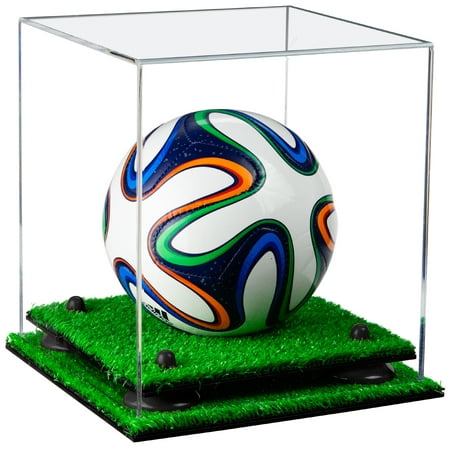 Deluxe Clear Acrylic Mini - Miniature (not Full Size) Soccer Ball Display Case with Black Risers and Turf Base
