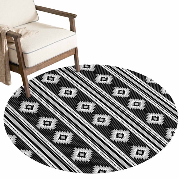 Black Southwestern Round Area Rug 3ft Diamond Motif Tribal Geometric Non-Slip Washable Circle Rugs Soft Felt Indoor Floor Mat for Bedroom Kitchen Living Room Bathroom