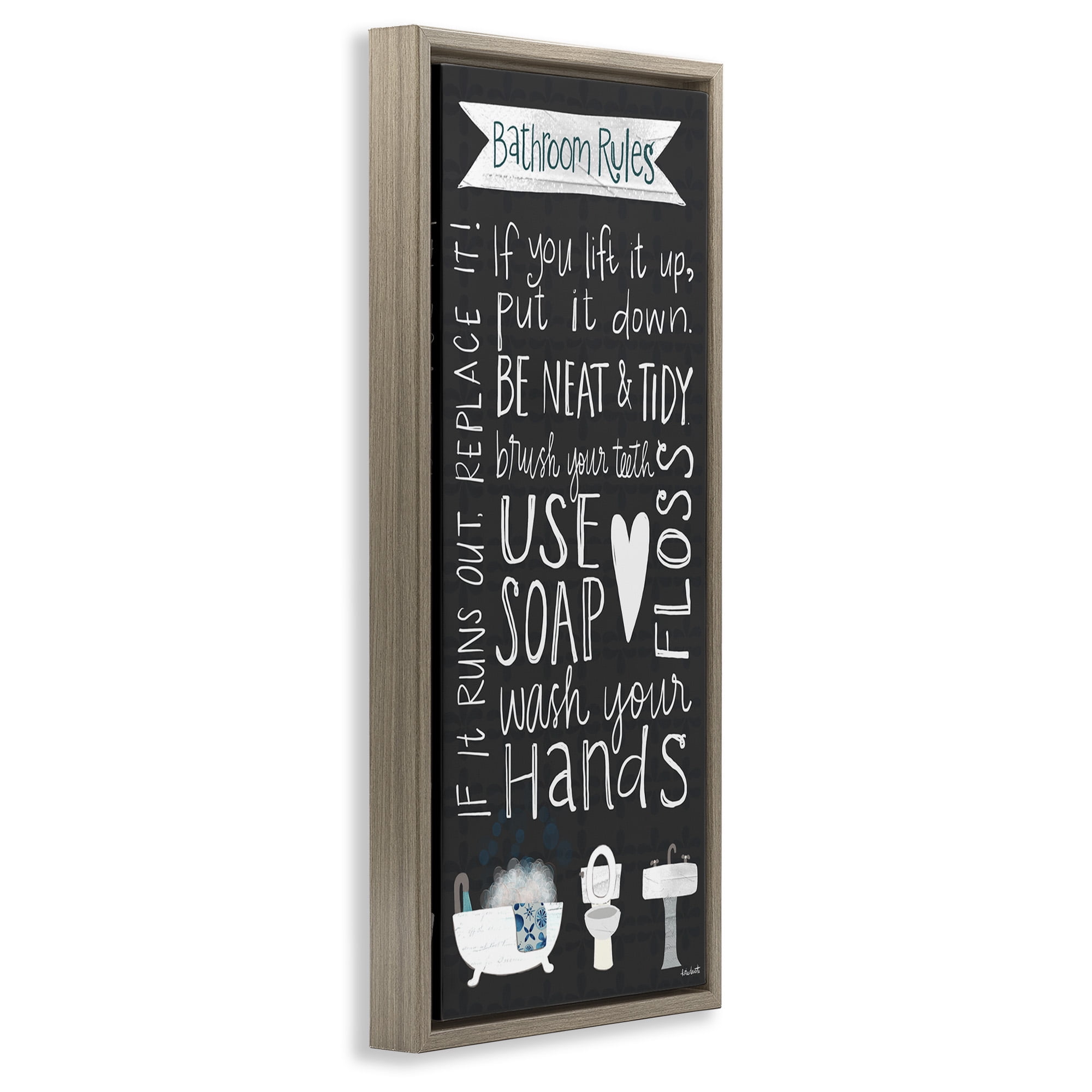 Stupell Industries Whimsical Bathroom Rules Sign Typography Painting Brown Floater Framed Canvas Art Print Wall Art, 11 x 25