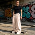 thumbnail image 3 of Men's Wide Leg Sweatpants Elastic Drawstring Waist Baggy Relaxed Fit Soft Daily Gym Lounge Pants with Deep Pockets Beige S, 3 of 10