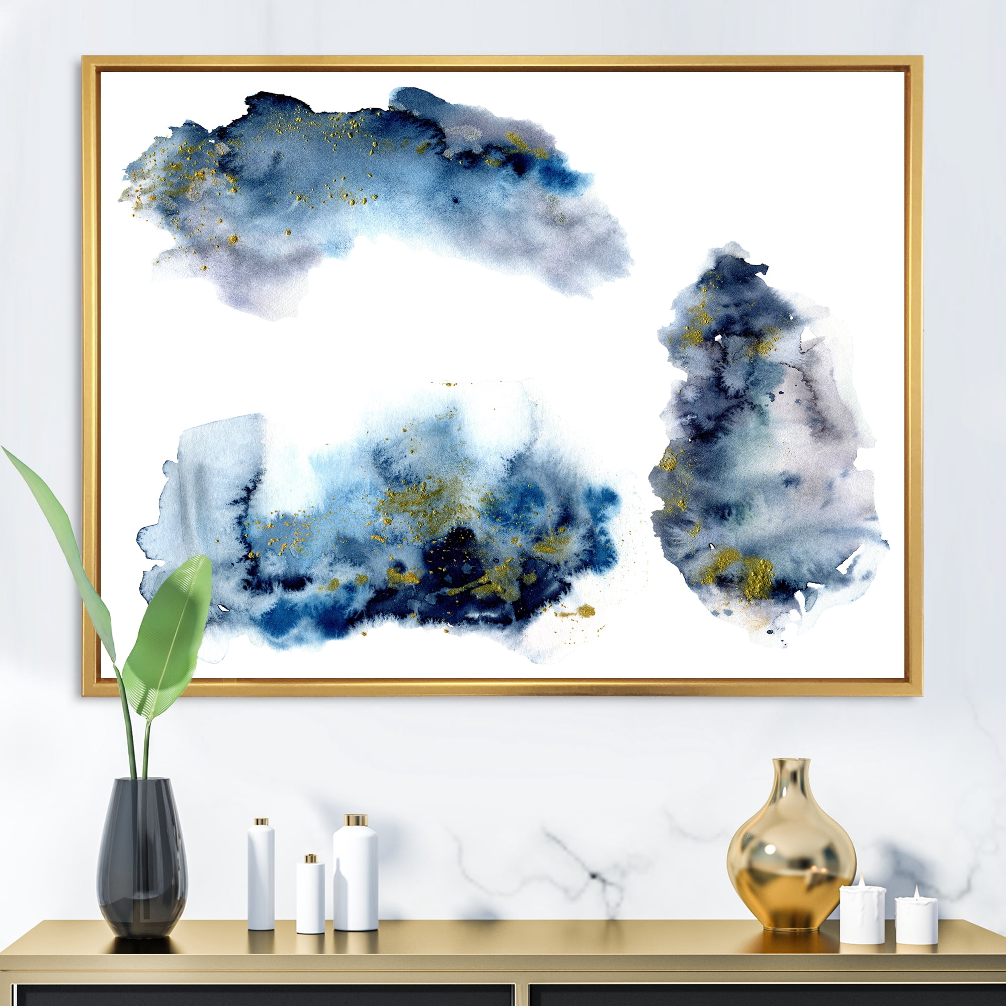 Gray and Blue Clouds With Golden Glitter 32 in x 16 in Framed Painting Canvas Art Print, by Designart