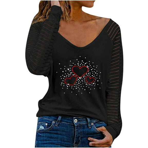Bospose Long Sleeve Shirt Women Women V-Neck Blouses Black Sweatshirt Women Girls' Fashion Hoodies & Sweatshirts Woman T-Shirt Autumn Print Loose Blouse Tops Lady Hot Diamond Cutout Top T-Shirt 614 Xl