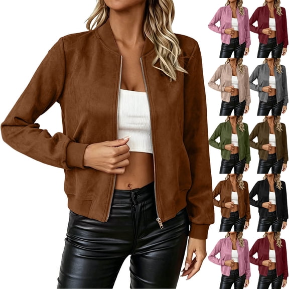 Women's Zip Up Lightweight Bomber Jackets Streetwear Suede Long Sleeve Short Outerwear Women Solid Color Casual Fall Winter Jacket