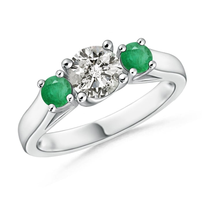 April Birthstone Classic Prong Set Diamond and Emerald Three Stone Ring in Platinum (Weight: 0.47ctwt) by Angara.com