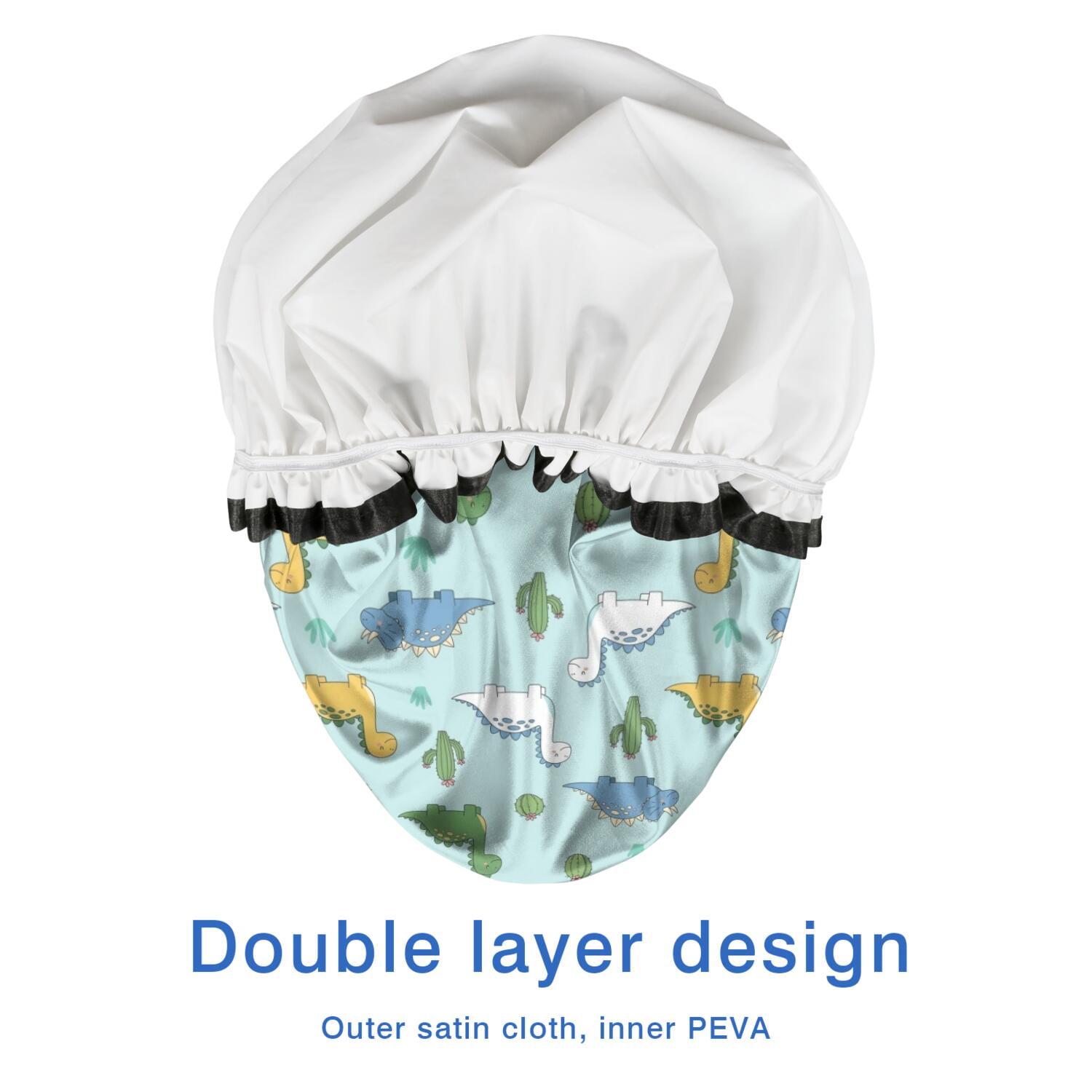 Shower Caps,LightBlue Cartoon Dinosaurs Cacti Pattern Waterproof Shower Cap for Women 4 Pieces,Double Reusable Hair Cover for Shower PEVA Elastic Stretch Hem