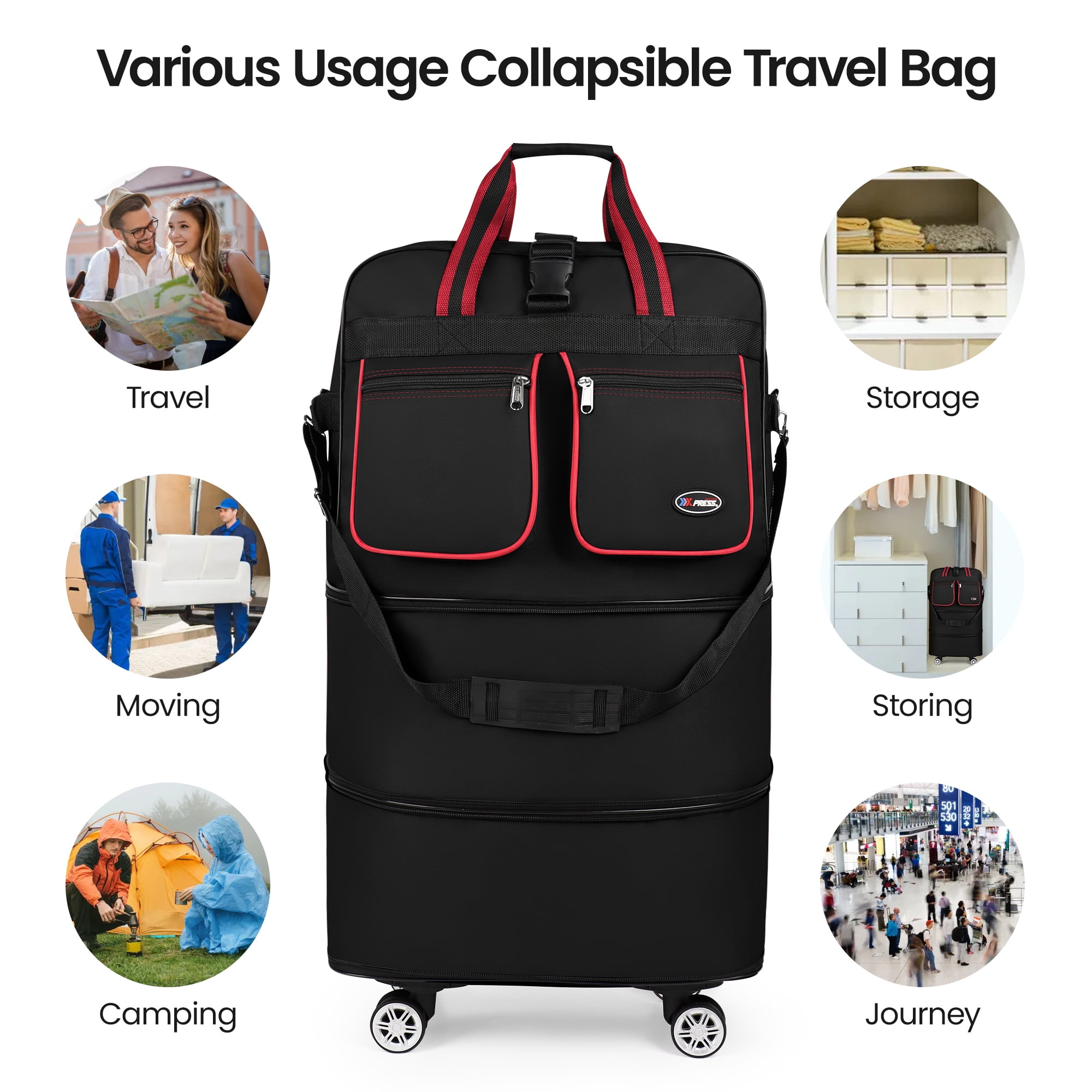 30" Expandable Foldable Luggage Bag,Collapsible Suitcases with Wheels,Lightweight Rolling Duffle Bag for Travel, Moving, Home Storage, Red/Trim, MEX