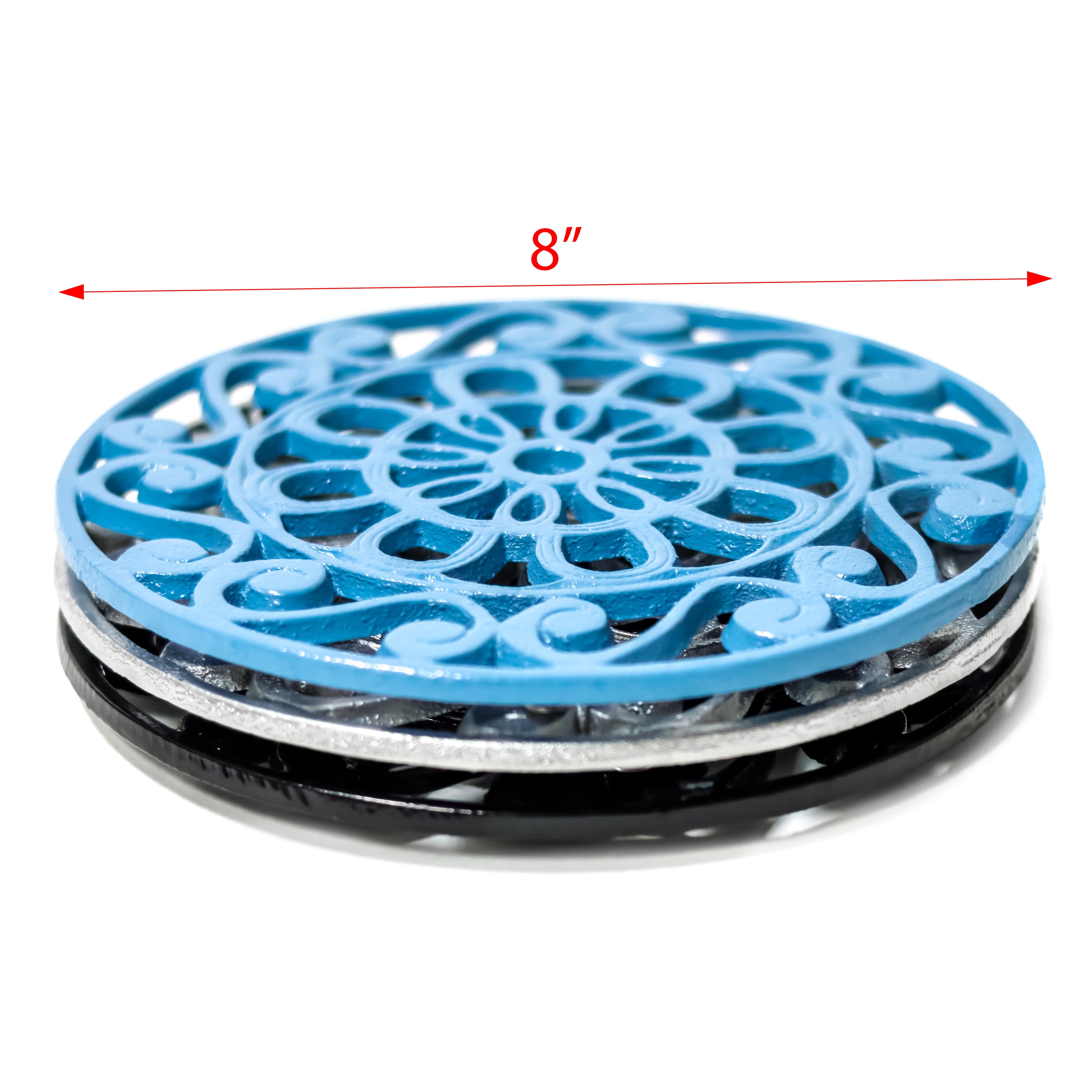 Decorative Cast Iron Metal Trivets (Set of 3, Black/Blue/Silver)