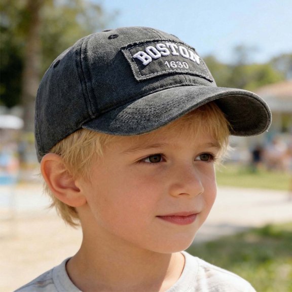 Washed Letter Kids Baseball Cap Cartoon Adjustable Toddler Hat for Boys Girls Spring Summer Outdoor Daily Campus Denim Black 2-8 Years