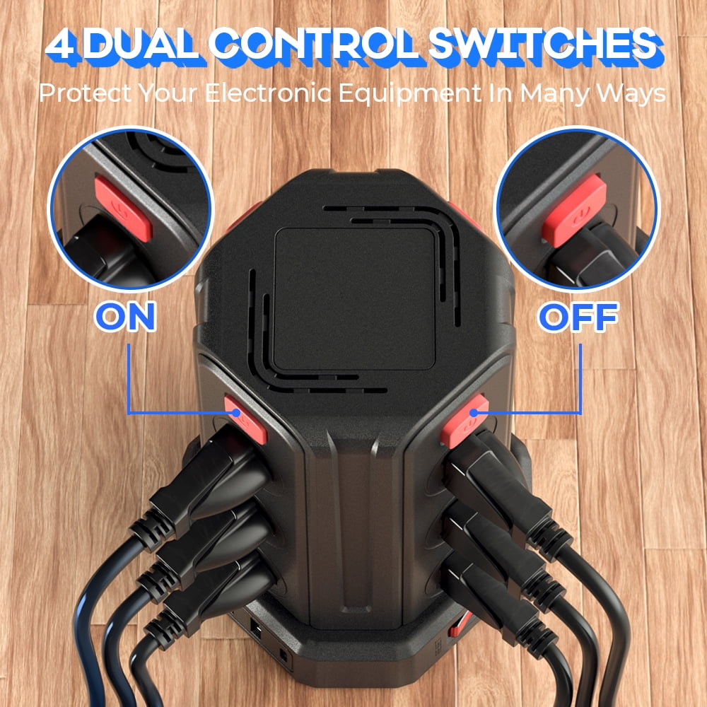 Power Strips Tower 12 Outlets Surge Protector with 4 USB Port and 10ft Extension Cord, Black