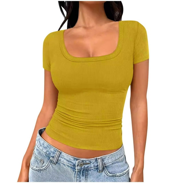 Posijego Women's Ribbed Short Sleeve T Shirts Trendy Going out Crop Tops Square Neck Slim Tight Basic Tees