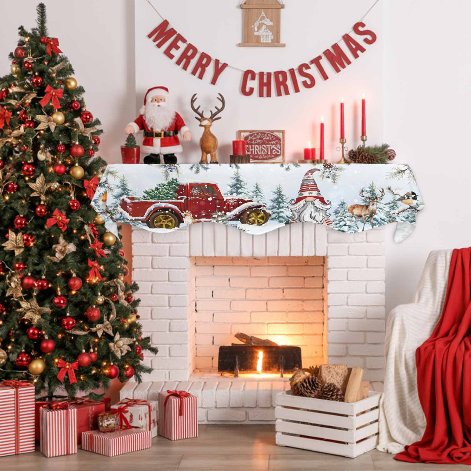 Christmas Fireplace Mantle Scarf Xmas Gnome Truck Pine Tree Leaf Animals Blue Snow Mantel Cover Runner Fireplace Cloth for Holiday Party Home Living Room Decor 70 x 17 Inch