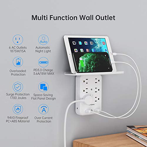 Joymy Multi Plug Extensions with 3 USB Slots 3 Way Outlets 6-in-1 Plug Extender with Flexible Short Cable Plug Extension with USB Socket Plug Adapter Switched Power Adaptor for Home Office Desktop
