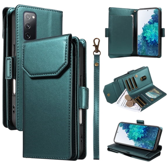 Compatible with Samsung Galaxy S20 FE Case Wallet with Strap RFID Blocking Card Holder, Multifunctional Wallet Purse Handbag Premium PU Leather Magnetic Flip Kickstand Phone Case,Green