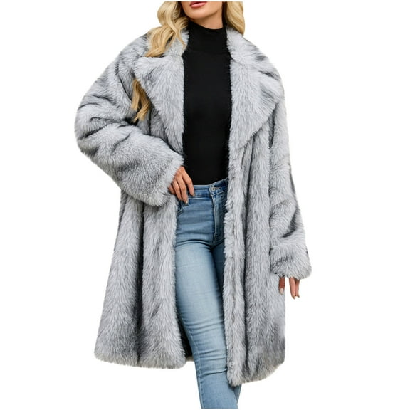 Kukoosong Women's Faux Fur Coats, Winter Warm Lapel Furry Mid-Length Jackets, Open Front Thick Outerwear Coats for Women