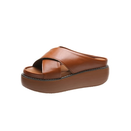 

Ferndule Women s Wedge Sandals Comfortable Soft Leather Platform Shoes Summer Outdoor Open Toe Cross-Strap Slide US Size 4.5-11.5