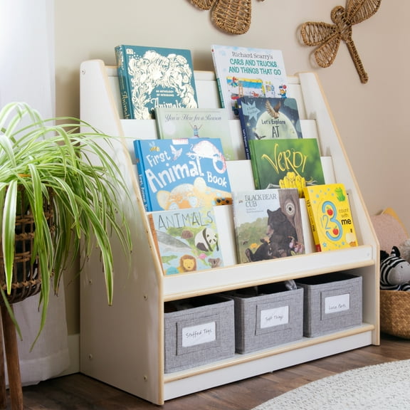 Guidecraft EdQ Book and Bin Display - White: Children's Wooden Bookcase with Shelves and Storage Bins for Kids' Books and Toys