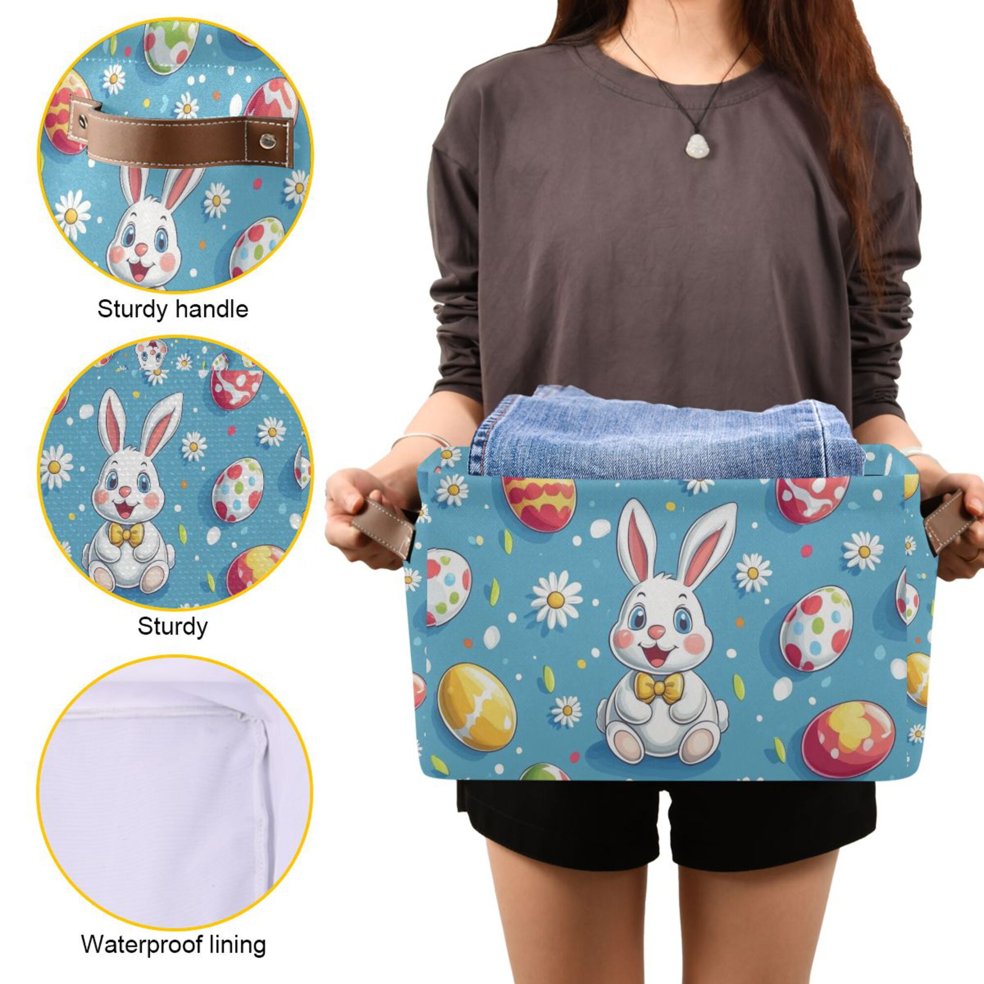 Yayeee 2 Pack Canvas Storage Basket with Handles for Shelves Fabric Bins Closet Organizer, Easter Bunny Pattern