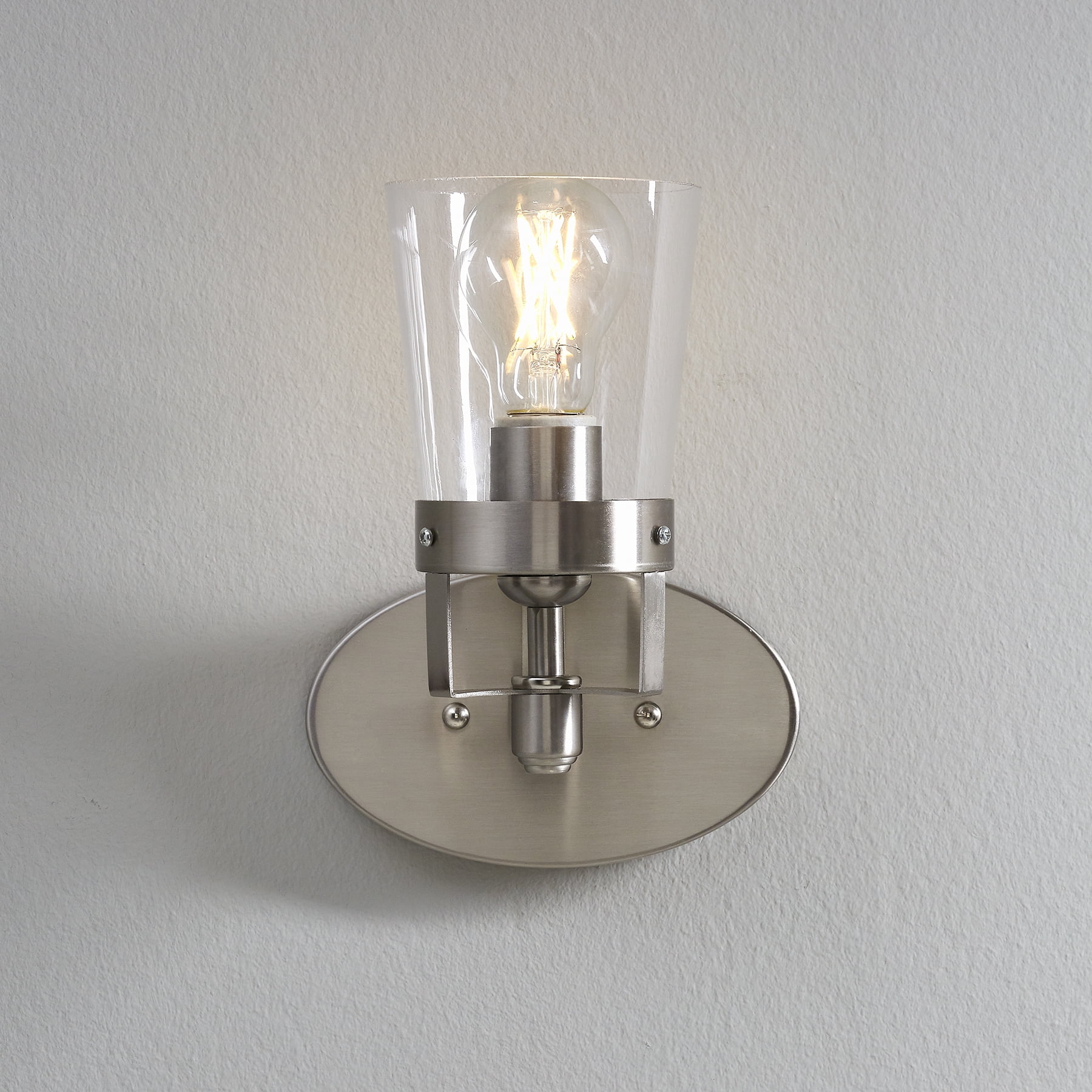 Better Homes & Gardens Modern Wall Sconce, Glass Shade Satin Nickel Finish, A19 LED Bulb Included