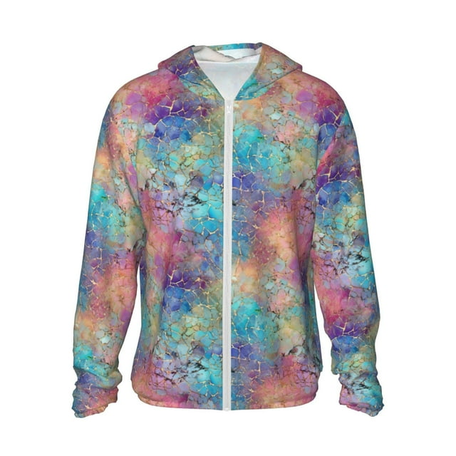 Vsdgher Sweat à Capuche Imprimé texture Craquelée Bleu Rose pour Hommes Femmes, Manches Longues Protection Solaire Pêche Course Natation-Moyen