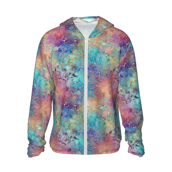 Vsdgher Sweat à Capuche Imprimé texture Craquelée Bleu Rose pour Hommes Femmes, Manches Longues Protection Solaire Pêche Course Natation-Moyen