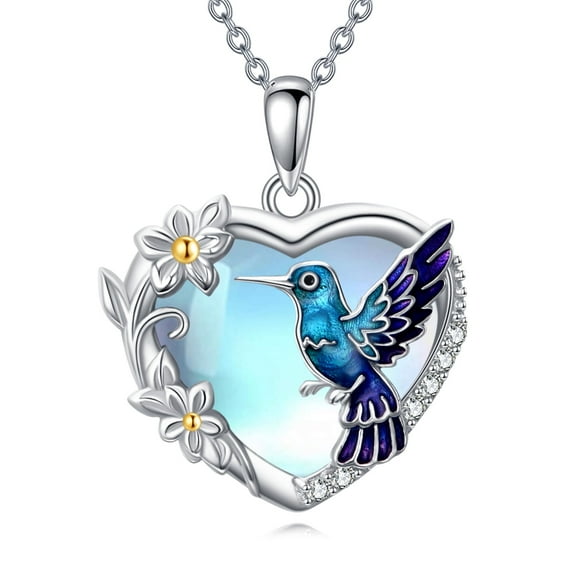 Hummingbird/Owl Necklace Women 925 Sterling Silver Heart Shape Moonstone Animal Pendant Necklace Animal Gift for Women