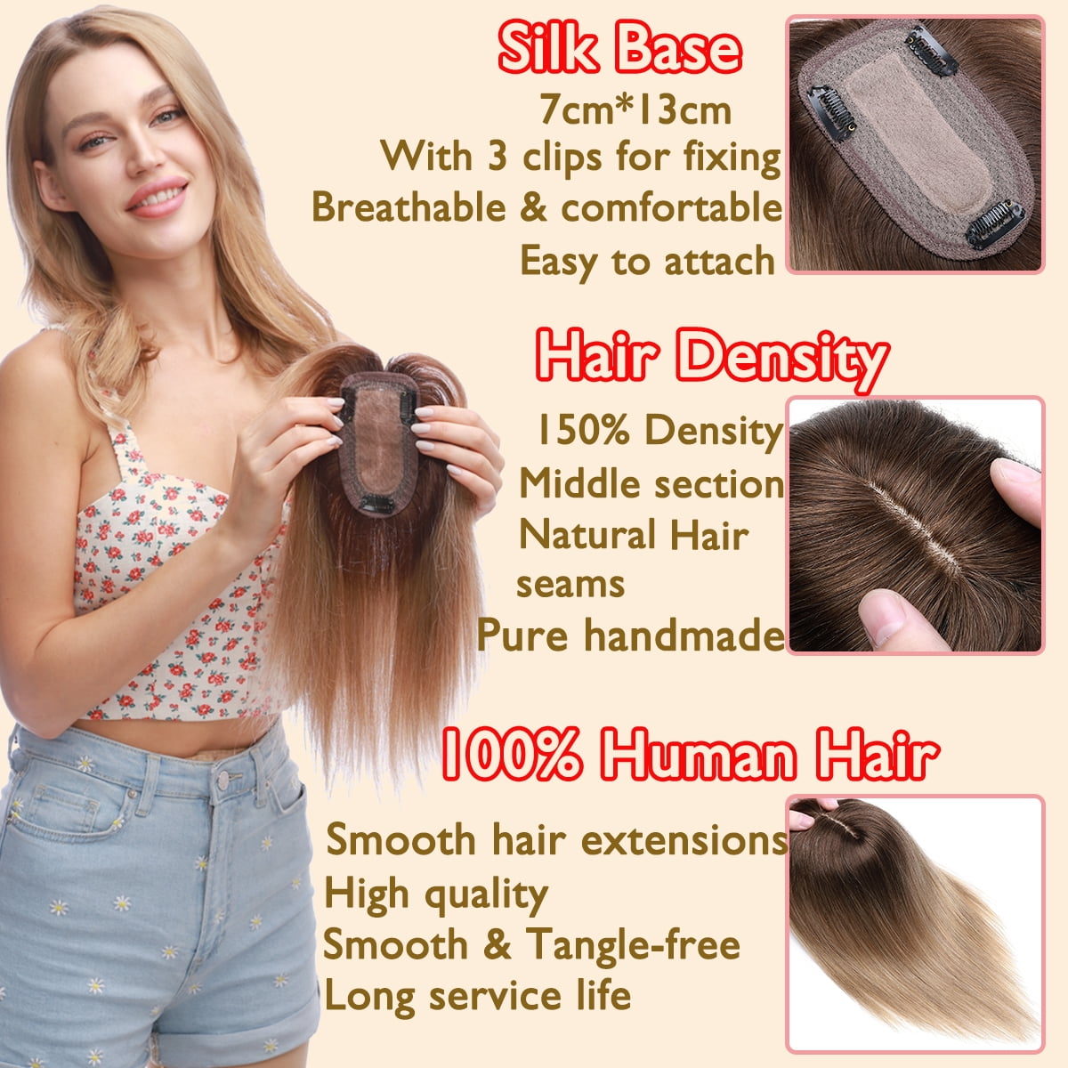 HAIRRO Hair Toppers Clip In 100% Human Hair Extensions with Bangs Upgrade Hair 150% Density 7*13CM Silk Base Clip in Hair Pieces For Women With Thinning,Hair Loss Cover Gray Hair