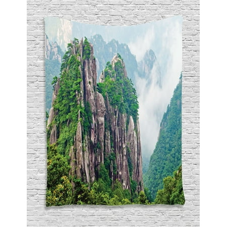 Apartment Decor Wall Hanging Tapestry, Sacred Majestic Slim Mountains Rocks In Clouds South Asian Chinese Nature Photo, Bedroom Living Room Dorm Accessories, By